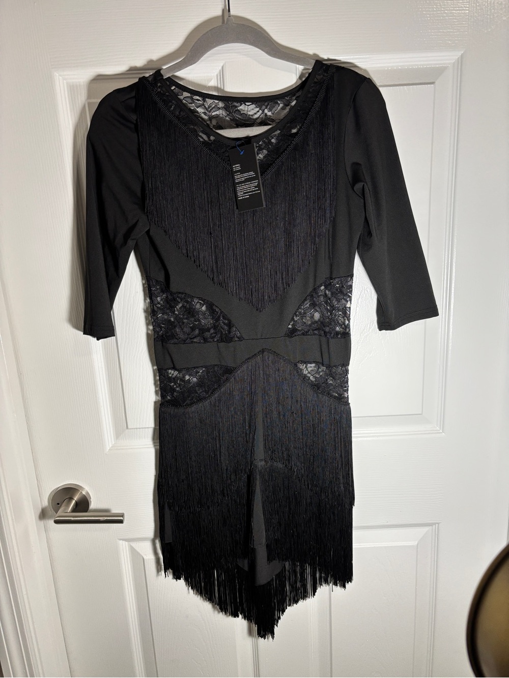 Z&X Flapper Fringe Dress 1920s Gatsby Black Lace Salsa Latin Dance L NWT